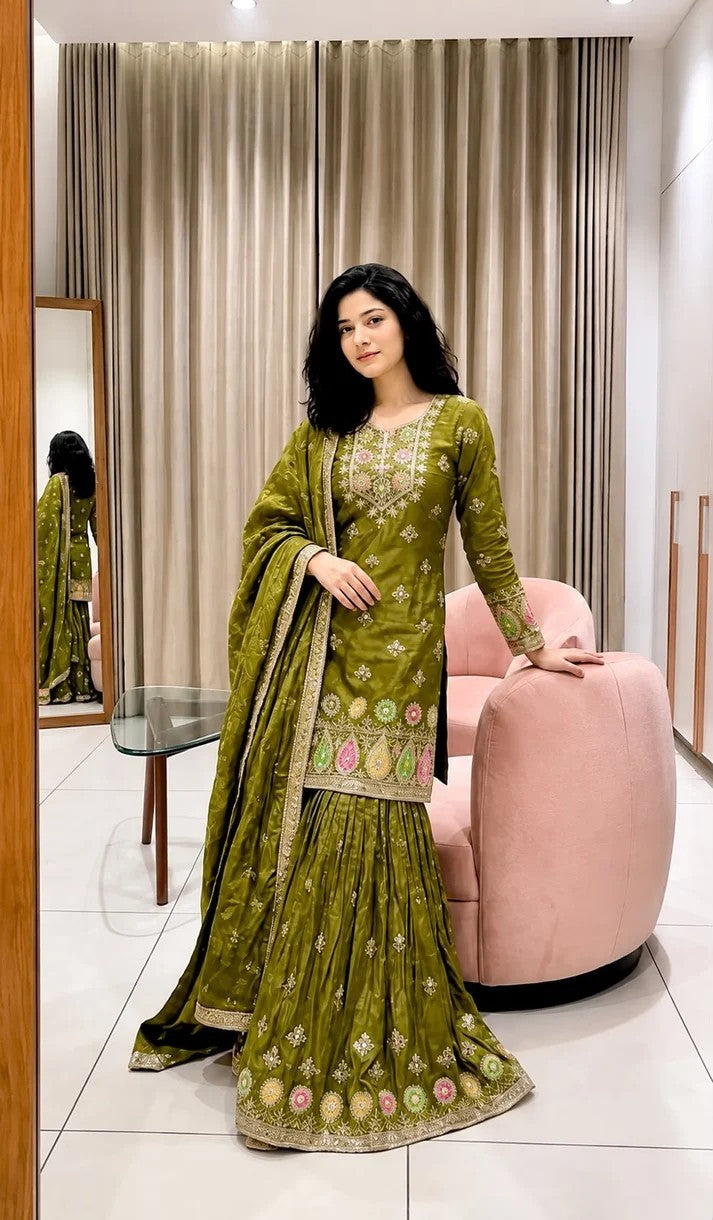 Women Pure Fendy Silk Embroidered Sharara Set