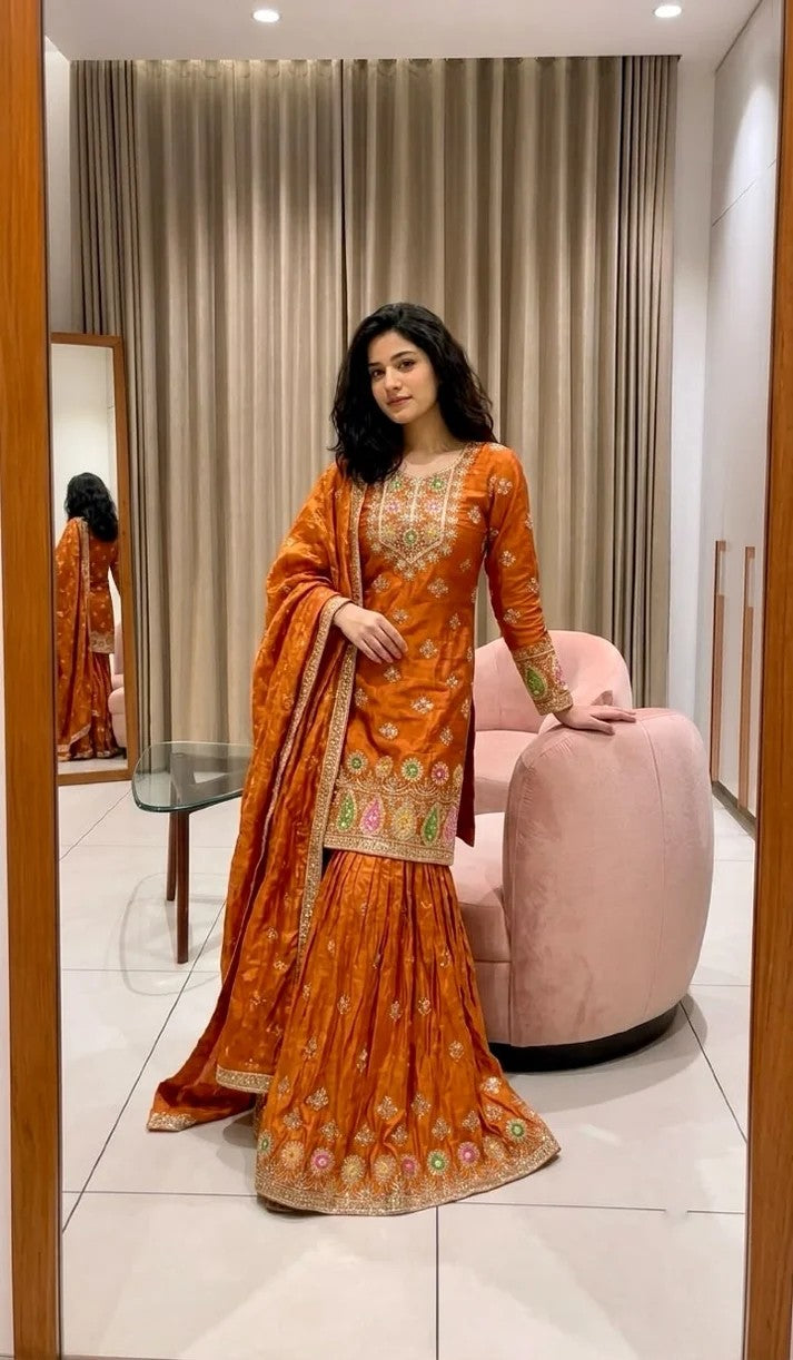 Women Pure Fendy Silk Embroidered Sharara Set