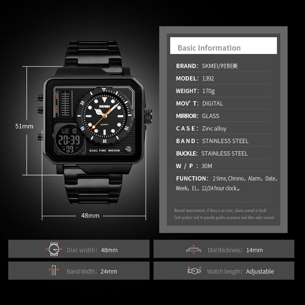 SKMEI Men's Watch Sport Digital Quartz Wristwatches Brand Luxury Waterproof Stainless Steel Strap Male Clock Relogio Masculino