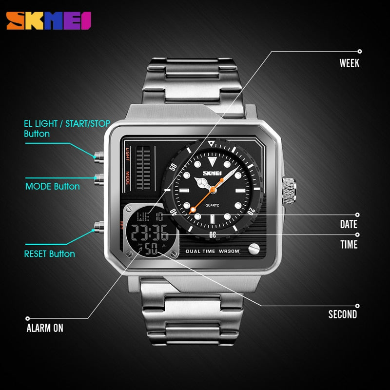 SKMEI Men's Watch Sport Digital Quartz Wristwatches Brand Luxury Waterproof Stainless Steel Strap Male Clock Relogio Masculino