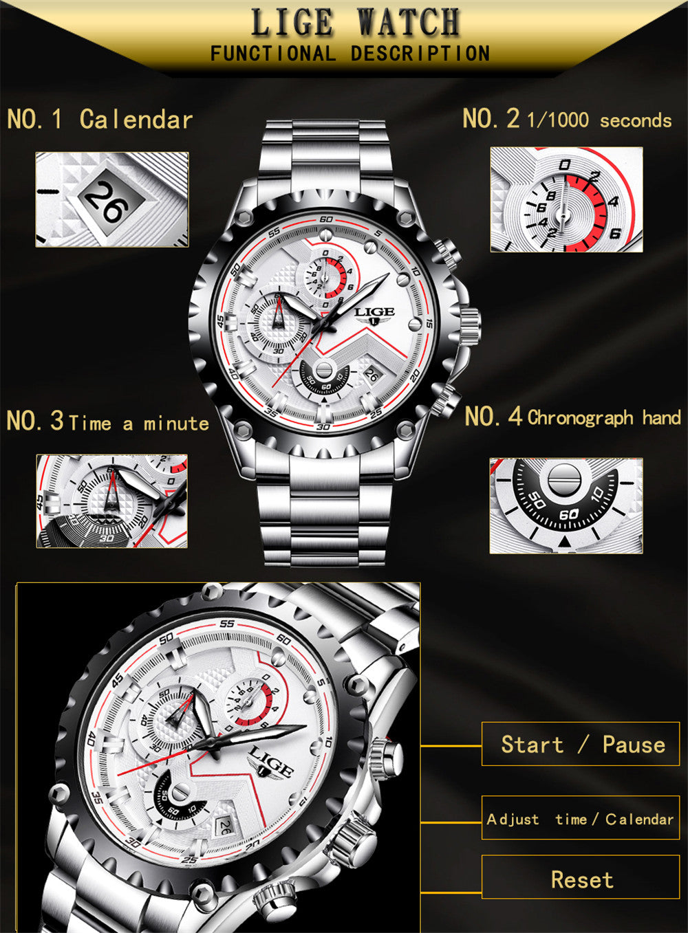 Stylish Date Clock Men Quartz Sport Watch Stainless Steel Waterproof Watch