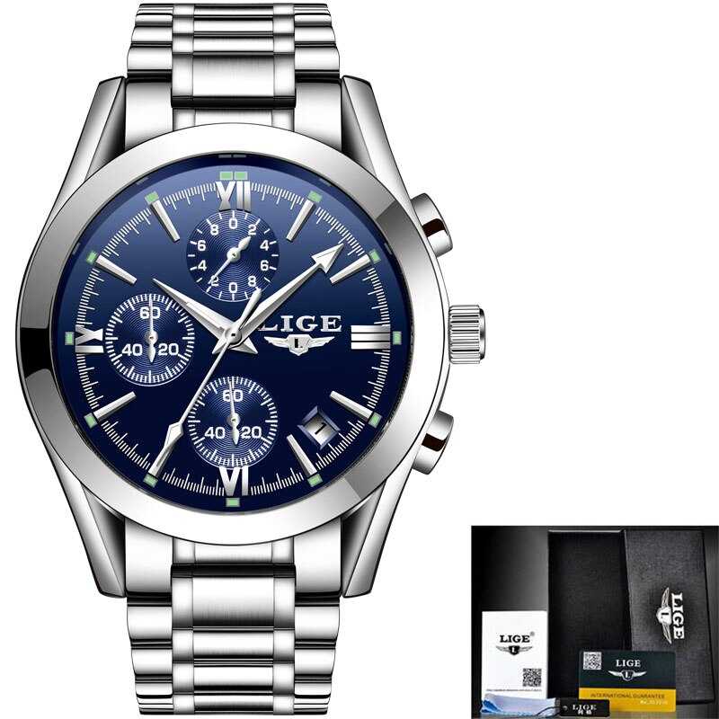 LIGE Men Top Luxury Brand Military Sport Watch Men's Quartz Clock Male Full Steel Casual Business gold watch Relogio Masculino