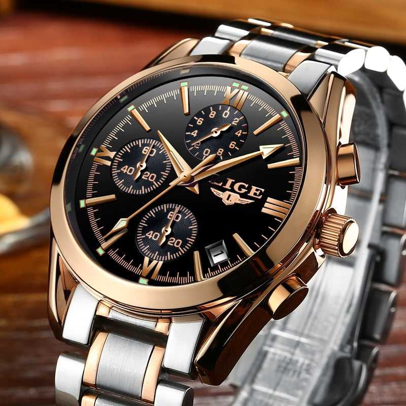 LIGE Men Top Luxury Brand Military Sport Watch Men's Quartz Clock Male Full Steel Casual Business gold watch Relogio Masculino