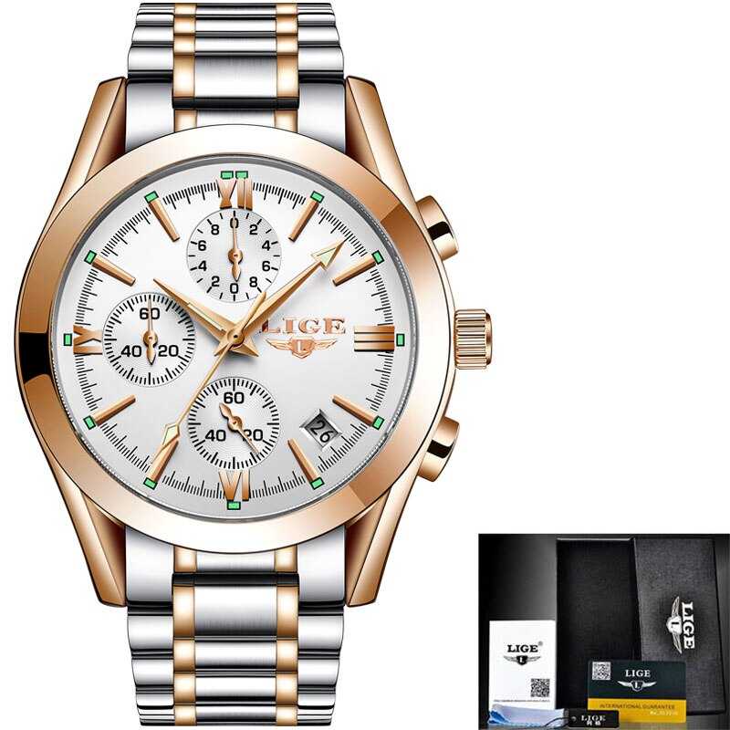LIGE Men Top Luxury Brand Military Sport Watch Men's Quartz Clock Male Full Steel Casual Business gold watch Relogio Masculino