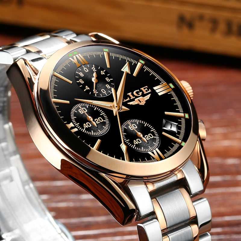 LIGE Men Top Luxury Brand Military Sport Watch Men's Quartz Clock Male Full Steel Casual Business gold watch Relogio Masculino