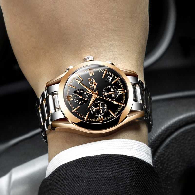 LIGE Men Top Luxury Brand Military Sport Watch Men's Quartz Clock Male Full Steel Casual Business gold watch Relogio Masculino