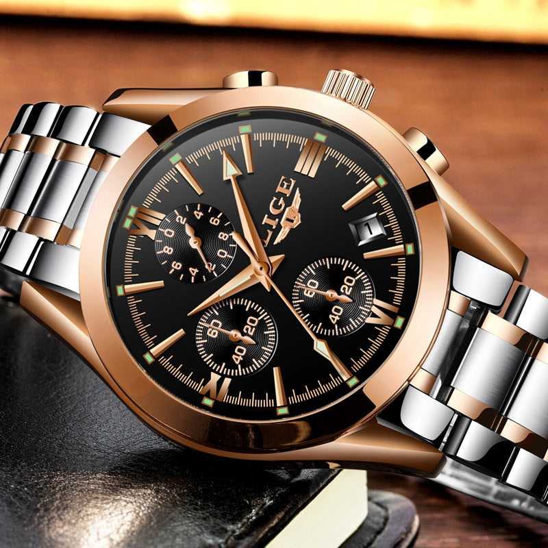 LIGE Men Top Luxury Brand Military Sport Watch Men's Quartz Clock Male Full Steel Casual Business gold watch Relogio Masculino