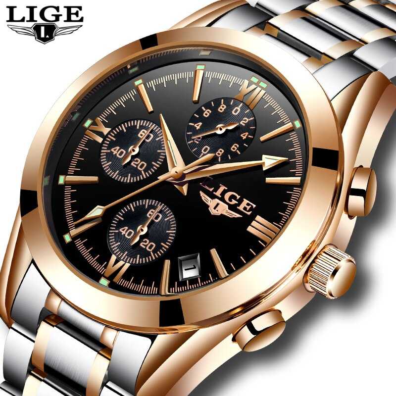 LIGE Men Top Luxury Brand Military Sport Watch Men's Quartz Clock Male Full Steel Casual Business gold watch Relogio Masculino