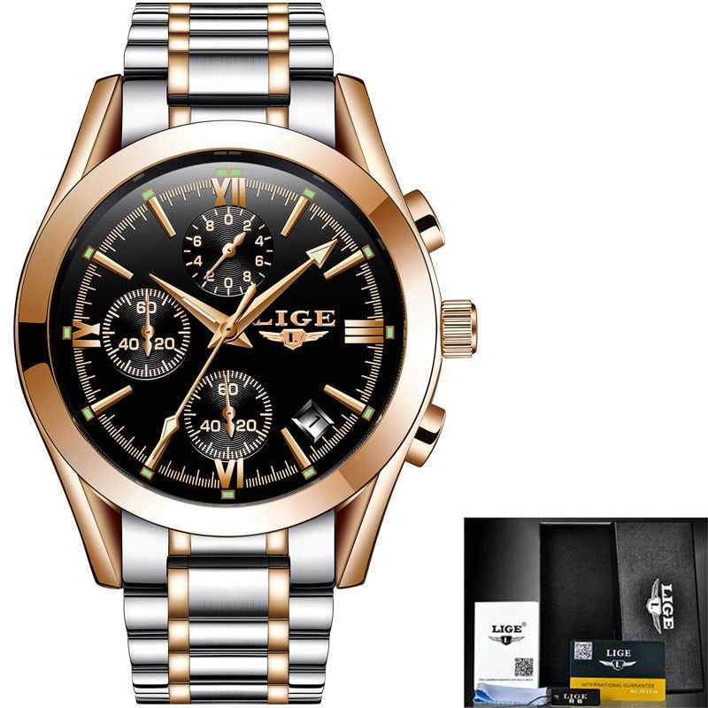 LIGE Men Top Luxury Brand Military Sport Watch Men's Quartz Clock Male Full Steel Casual Business gold watch Relogio Masculino