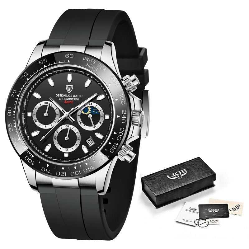 LIGE Watch Man Brand Luxury Waterproof Men Watches Panda Dial Chronograph Stainless Steel Wristwatch Quartz Sports Watch Hombre