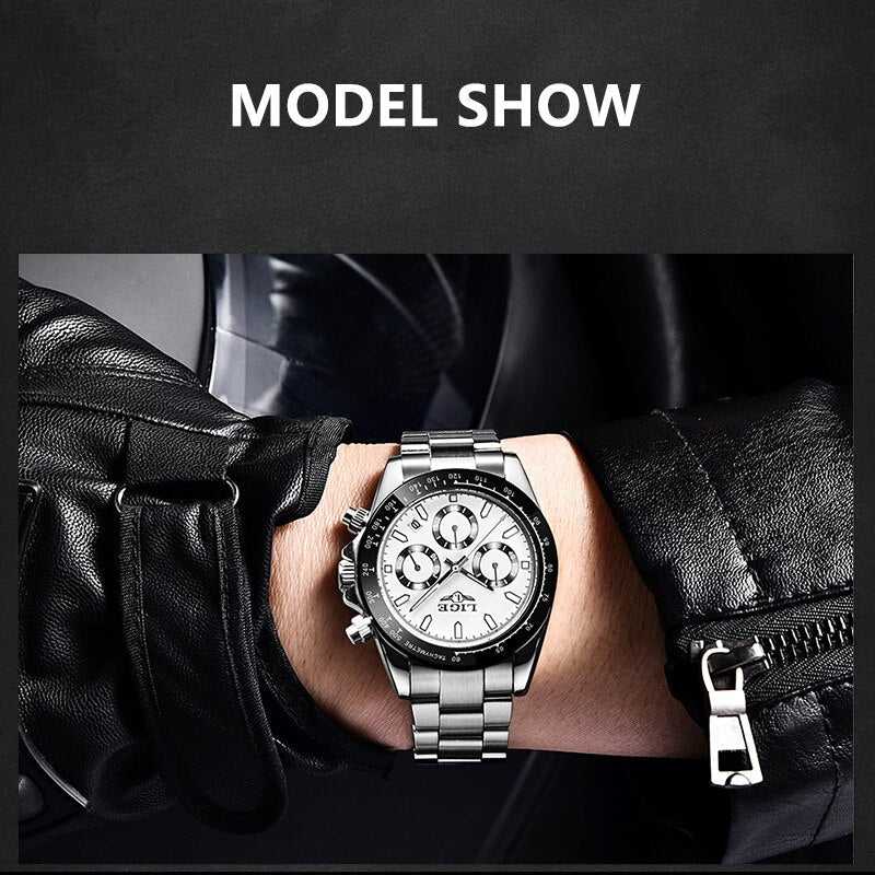 LIGE Watch Man Brand Luxury Waterproof Men Watches Panda Dial Chronograph Stainless Steel Wristwatch Quartz Sports Watch Hombre