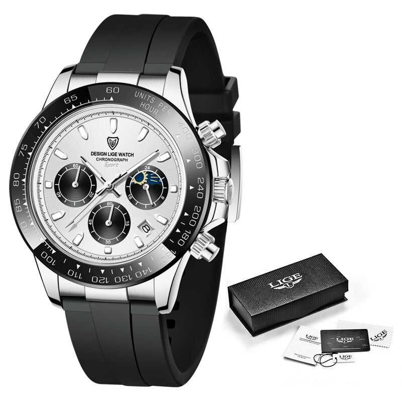 LIGE Watch Man Brand Luxury Waterproof Men Watches Panda Dial Chronograph Stainless Steel Wristwatch Quartz Sports Watch Hombre