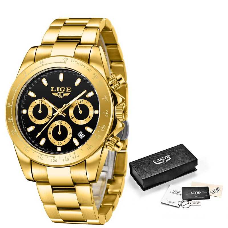 LIGE Watch Man Brand Luxury Waterproof Men Watches Panda Dial Chronograph Stainless Steel Wristwatch Quartz Sports Watch Hombre