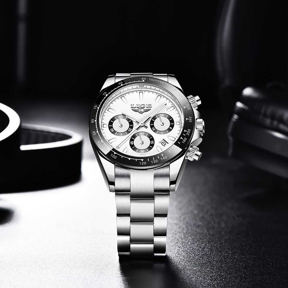 LIGE Watch Man Brand Luxury Waterproof Men Watches Panda Dial Chronograph Stainless Steel Wristwatch Quartz Sports Watch Hombre