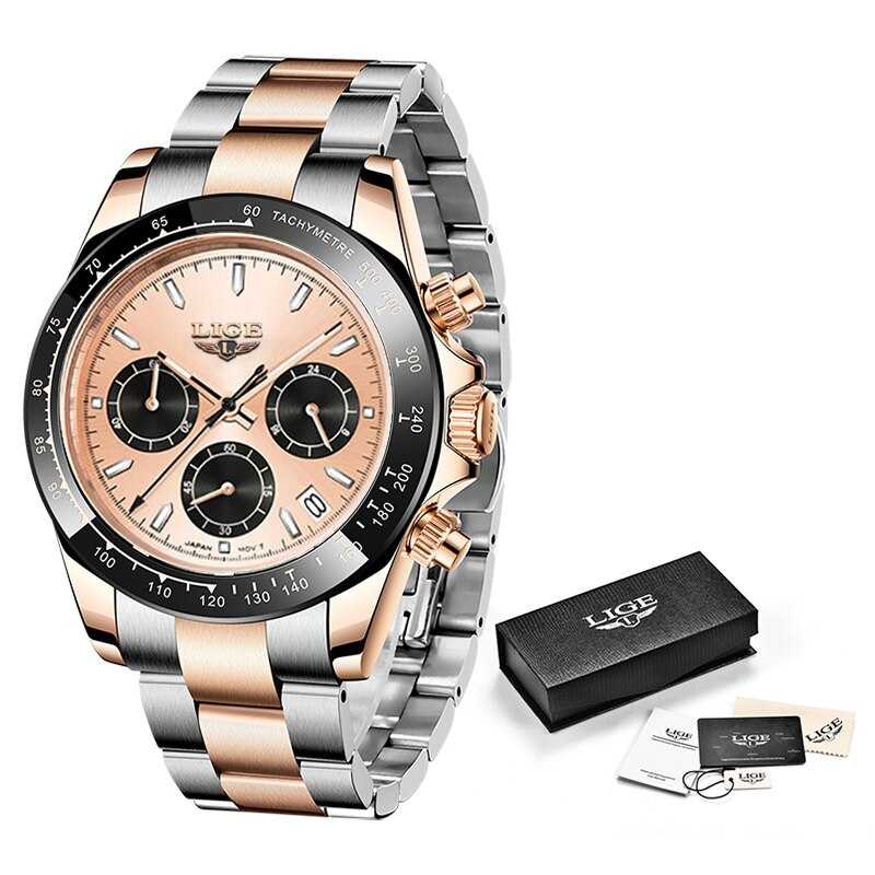 LIGE Watch Man Brand Luxury Waterproof Men Watches Panda Dial Chronograph Stainless Steel Wristwatch Quartz Sports Watch Hombre