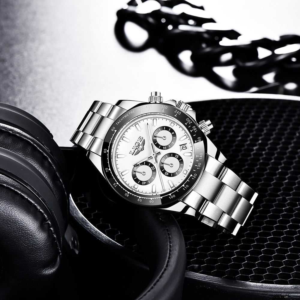 LIGE Watch Man Brand Luxury Waterproof Men Watches Panda Dial Chronograph Stainless Steel Wristwatch Quartz Sports Watch Hombre