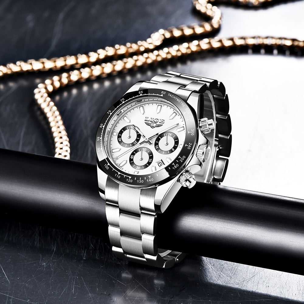 LIGE Watch Man Brand Luxury Waterproof Men Watches Panda Dial Chronograph Stainless Steel Wristwatch Quartz Sports Watch Hombre