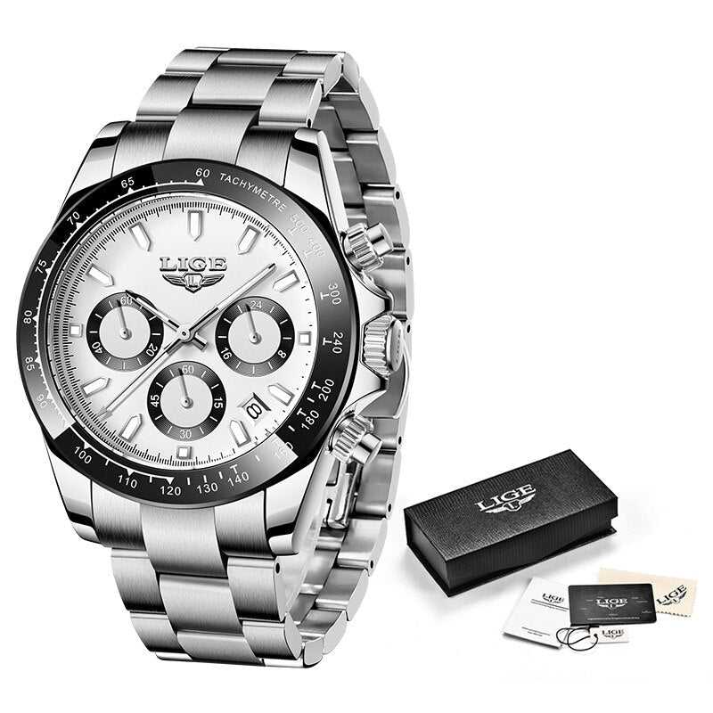 LIGE Watch Man Brand Luxury Waterproof Men Watches Panda Dial Chronograph Stainless Steel Wristwatch Quartz Sports Watch Hombre