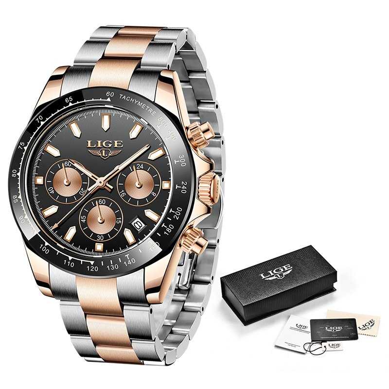 LIGE Watch Man Brand Luxury Waterproof Men Watches Panda Dial Chronograph Stainless Steel Wristwatch Quartz Sports Watch Hombre