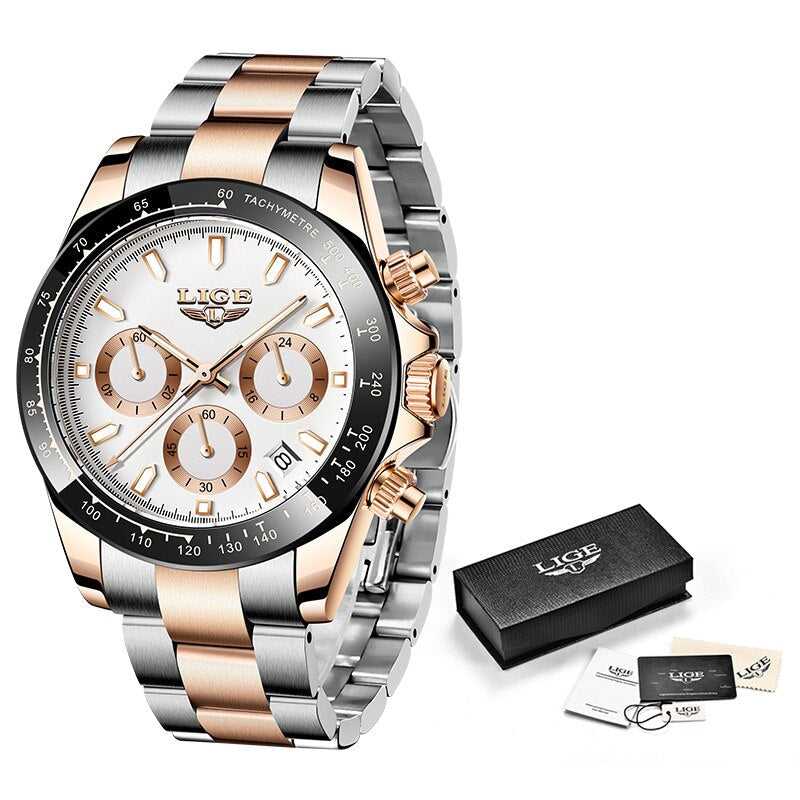LIGE Watch Man Brand Luxury Waterproof Men Watches Panda Dial Chronograph Stainless Steel Wristwatch Quartz Sports Watch Hombre