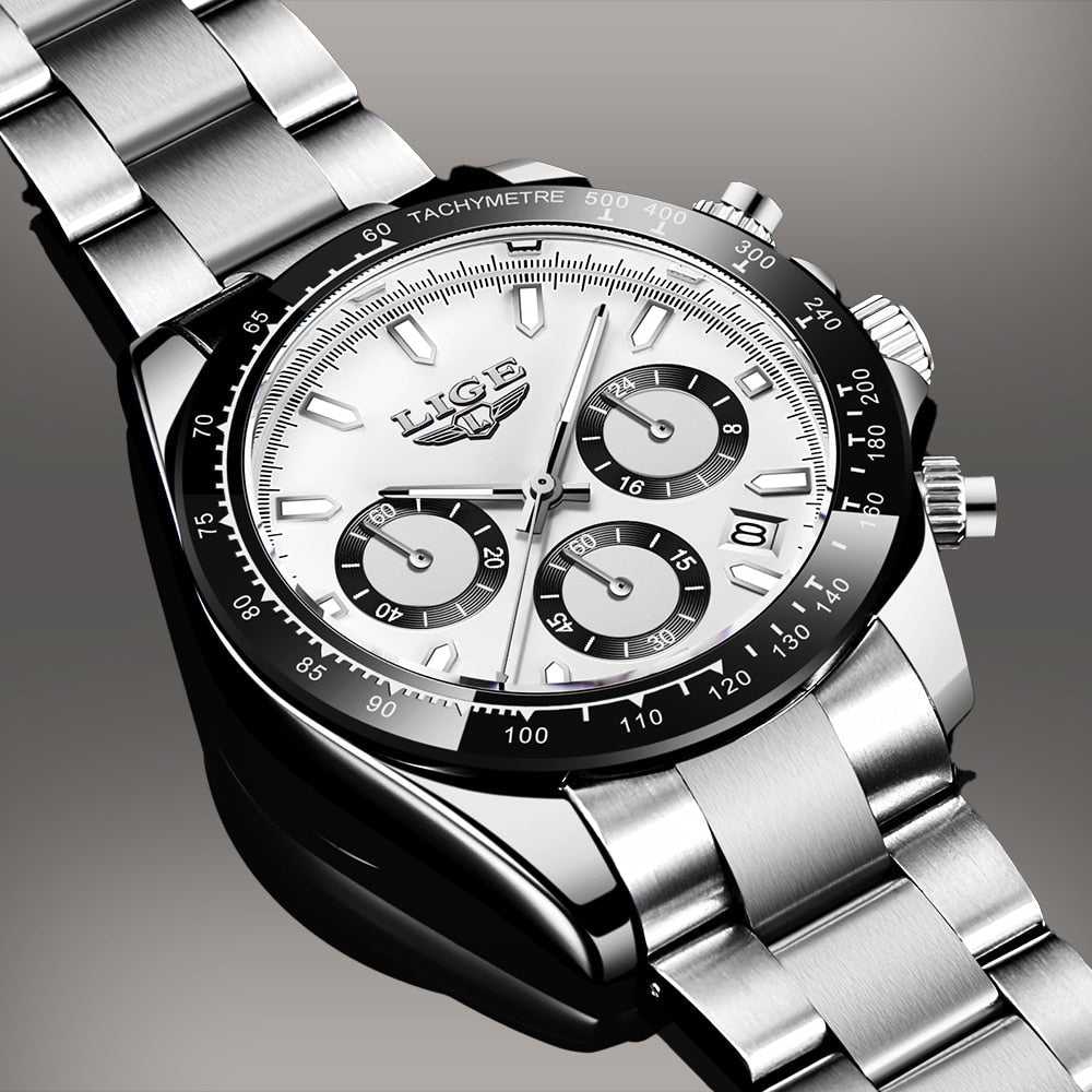 LIGE Watch Man Brand Luxury Waterproof Men Watches Panda Dial Chronograph Stainless Steel Wristwatch Quartz Sports Watch Hombre