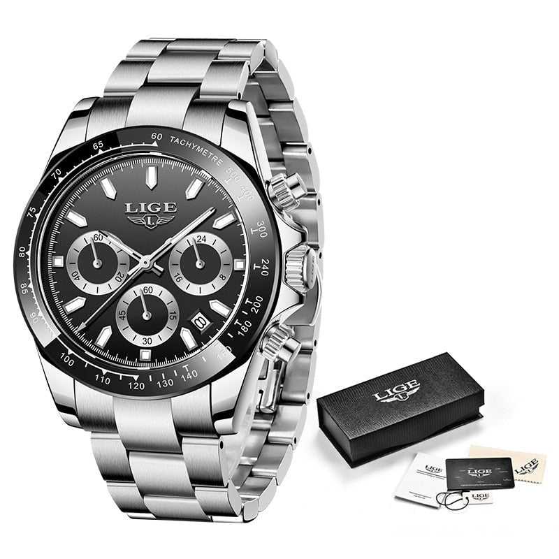 LIGE Watch Man Brand Luxury Waterproof Men Watches Panda Dial Chronograph Stainless Steel Wristwatch Quartz Sports Watch Hombre