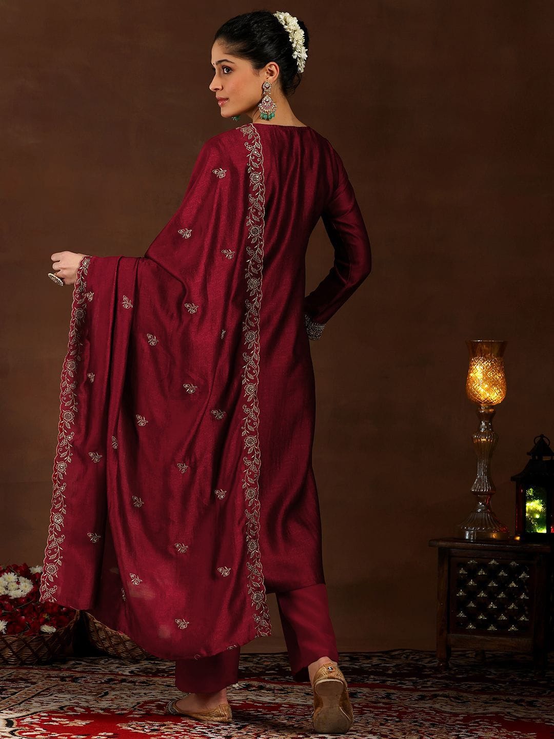Women Maroon Pure Vichitra Silk Embroidered Kurta Set