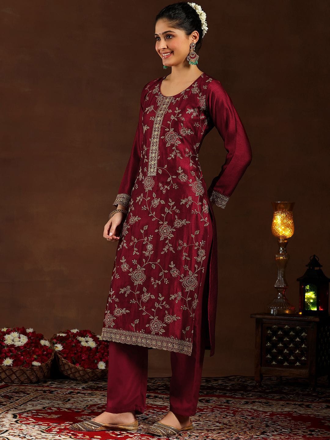 Women Maroon Pure Vichitra Silk Embroidered Kurta Set