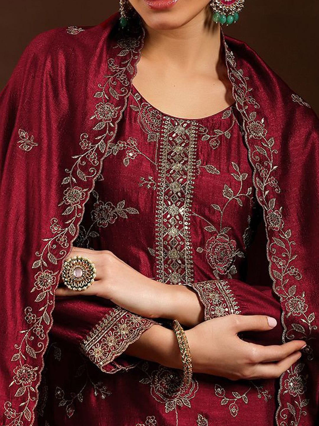 Women Maroon Pure Vichitra Silk Embroidered Kurta Set