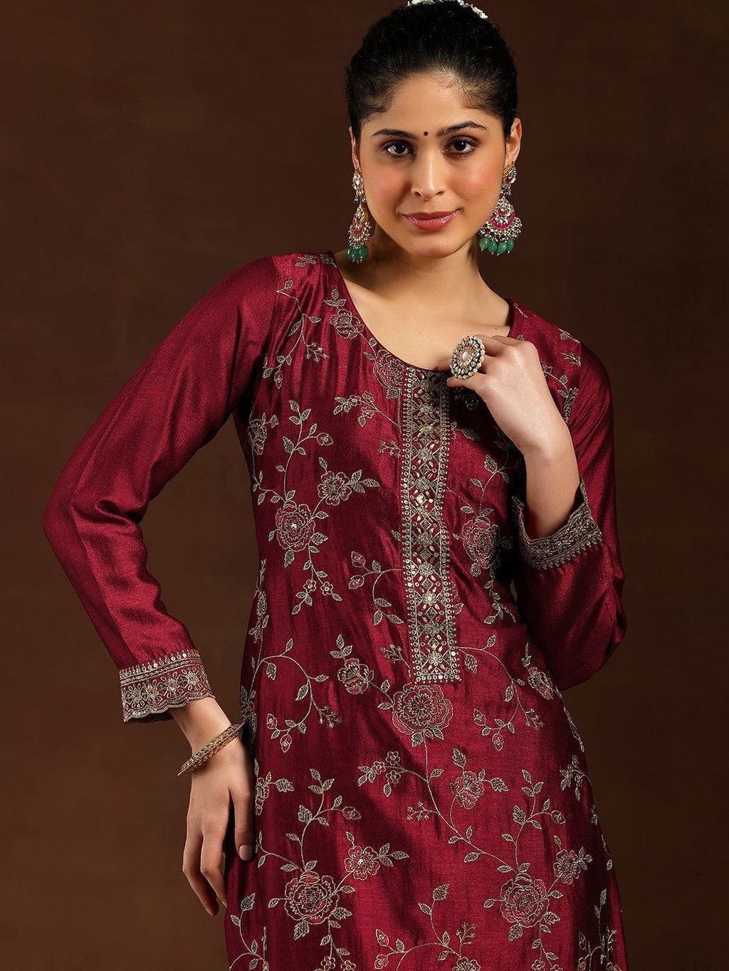 Women Maroon Pure Vichitra Silk Embroidered Kurta Set