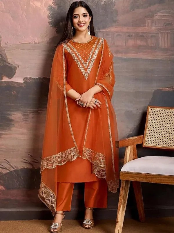 Women Orange Thread Embroidered Ethnic Suit Set