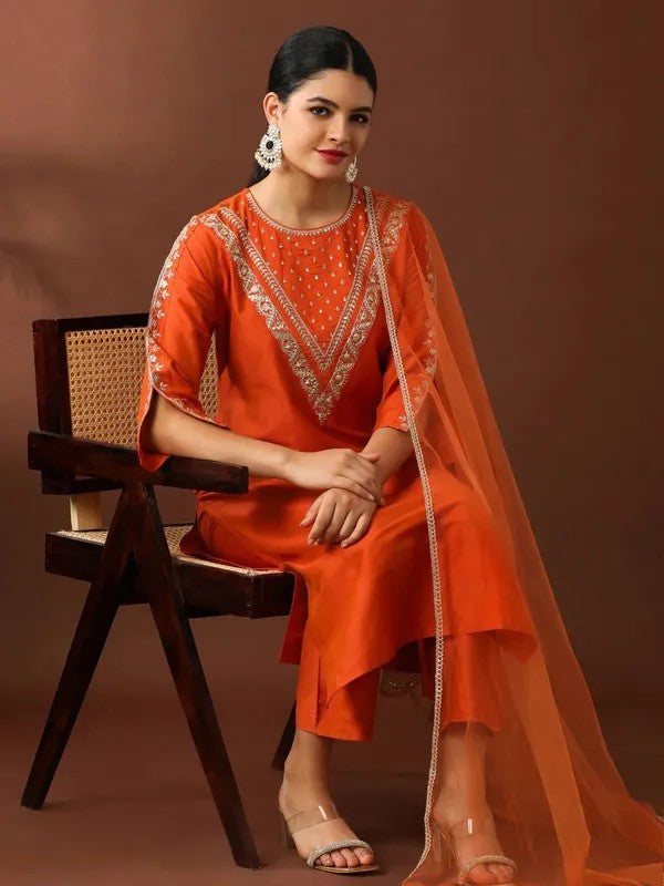 Women Orange Thread Embroidered Ethnic Suit Set