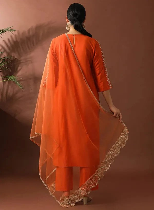Women Orange Thread Embroidered Ethnic Suit Set