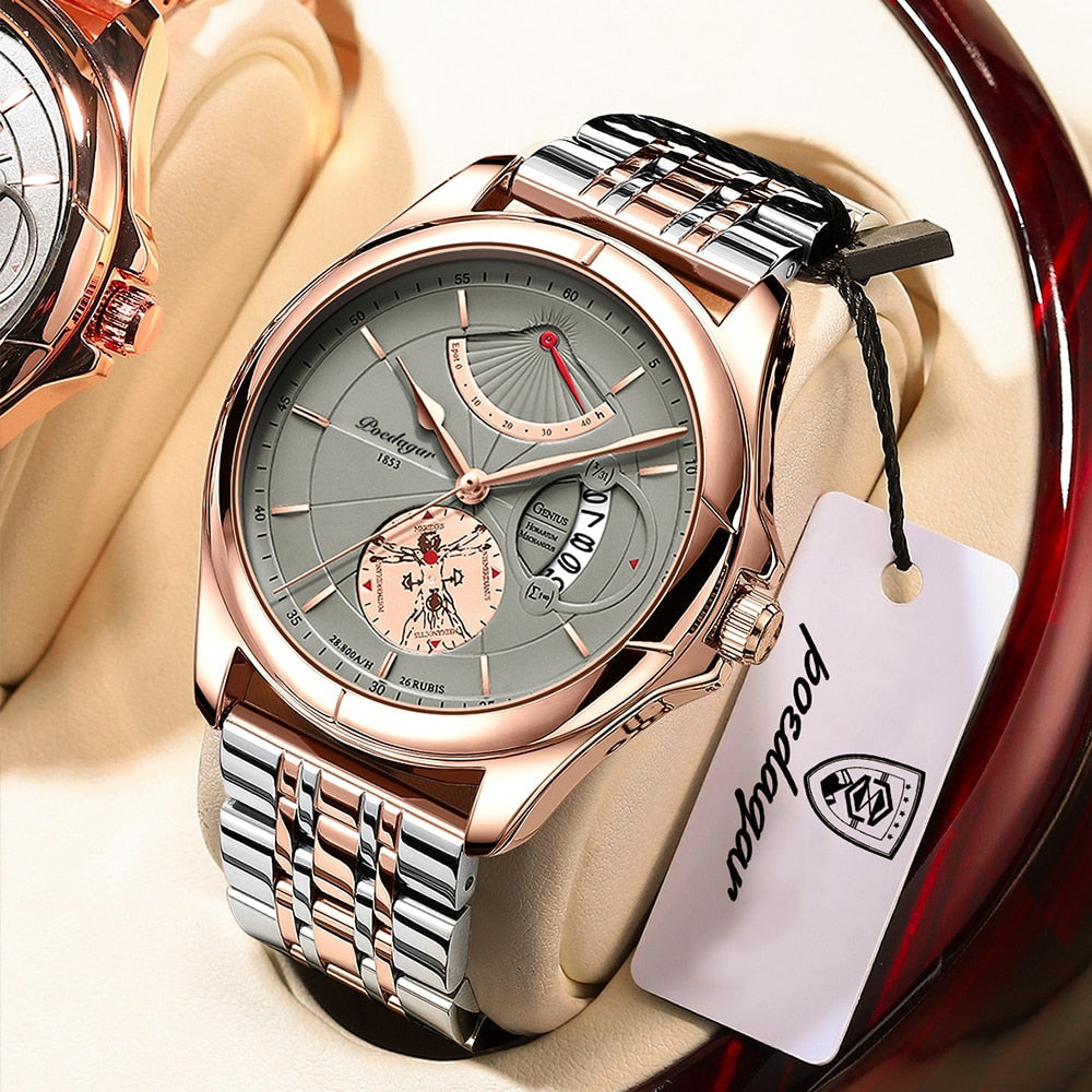 POEDAGAR Men Watch Fashion Stainless Stain Steel Quartz Men's Wristwatch Swiss Brand Luxury Business Waterproof Date Watches