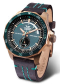 Electric men's watch featuring a rose gold-tone case, a dark green dial and bezel, and a dark brown leather strap with vibrant turquoise stitching.