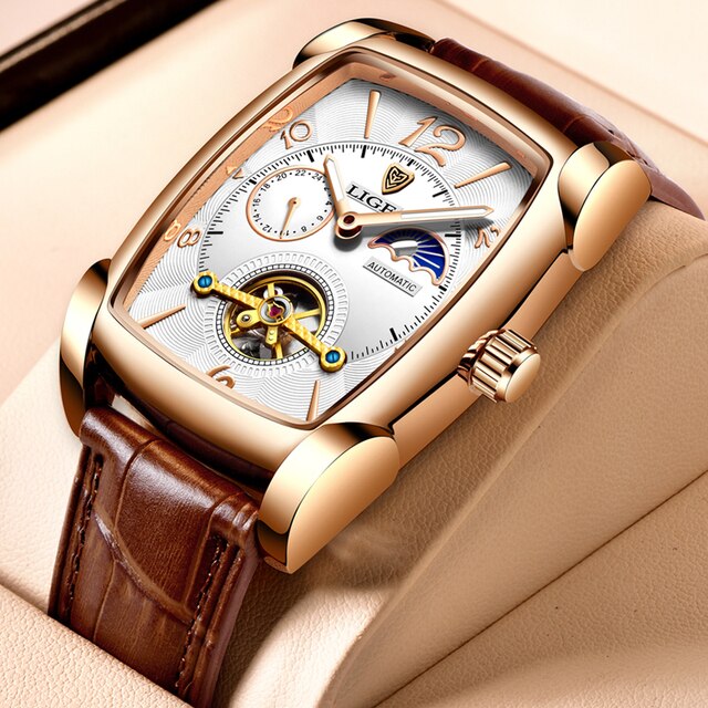 Square Automatic Fashion Genuine Leather Waterproof Tourbillon Mechanical Watch For Men