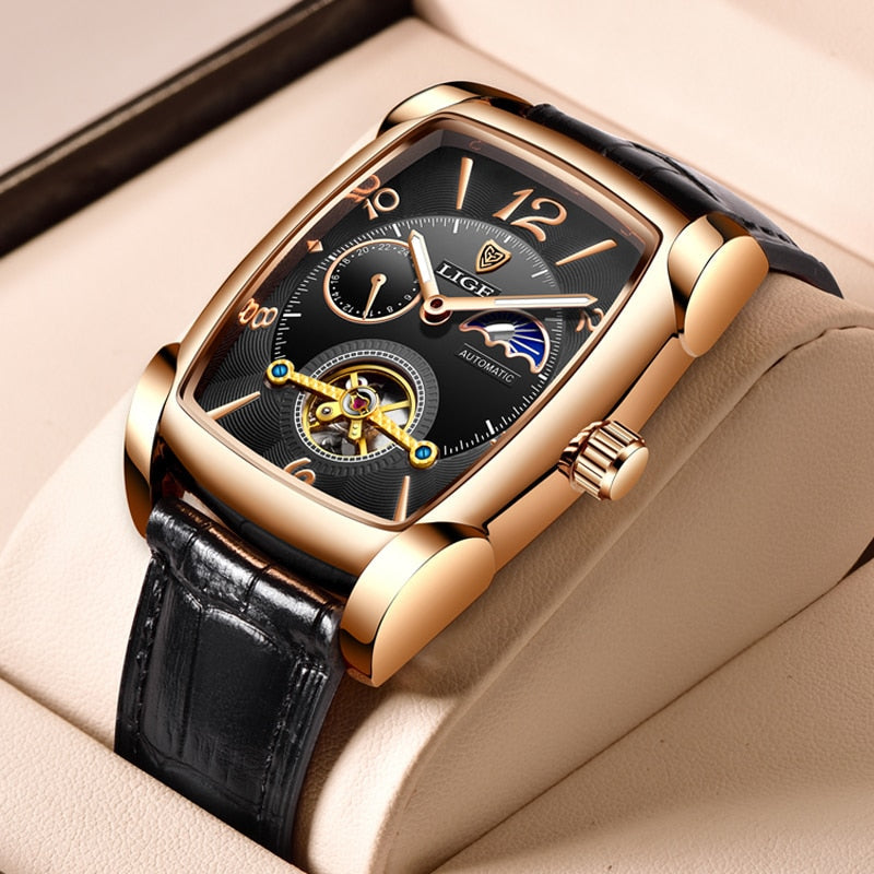 Square Automatic Fashion Genuine Leather Waterproof Tourbillon Mechanical Watch For Men