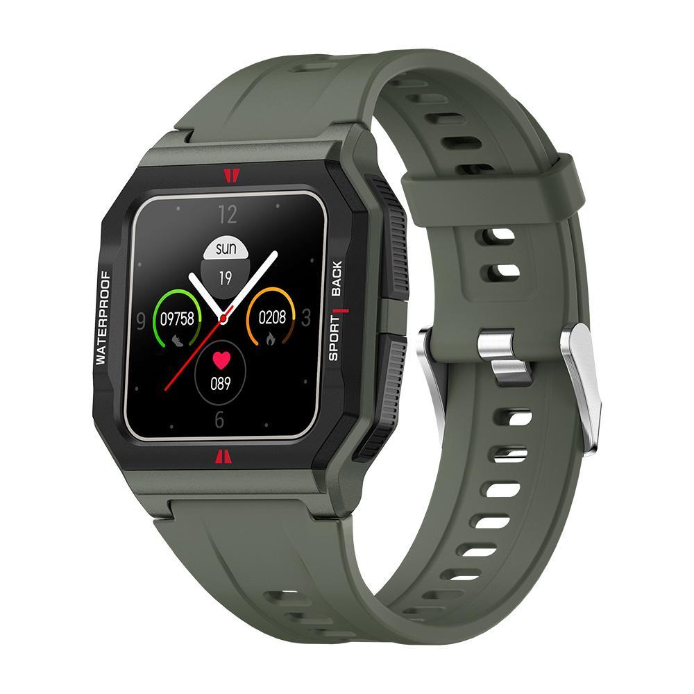 A rugged smartwatch with a dark olive green silicone strap and a black protective case, shown on a plain white background.