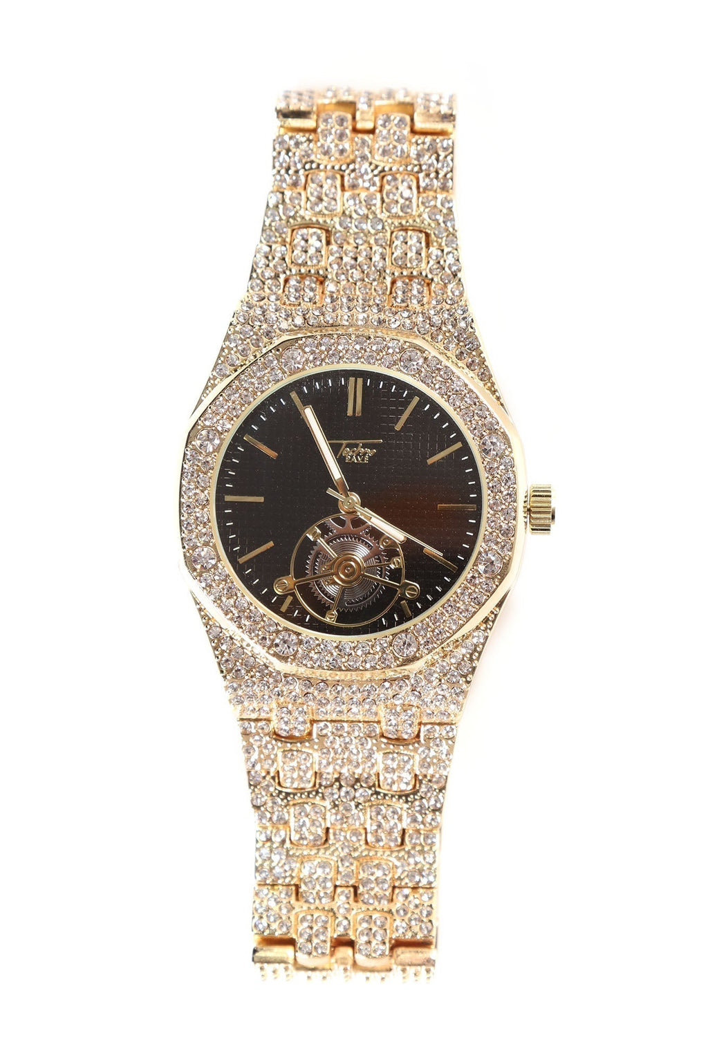 A luxury gold-tone wristwatch with a diamond-encrusted bracelet and a black dial featuring a visible skeletonized movement.