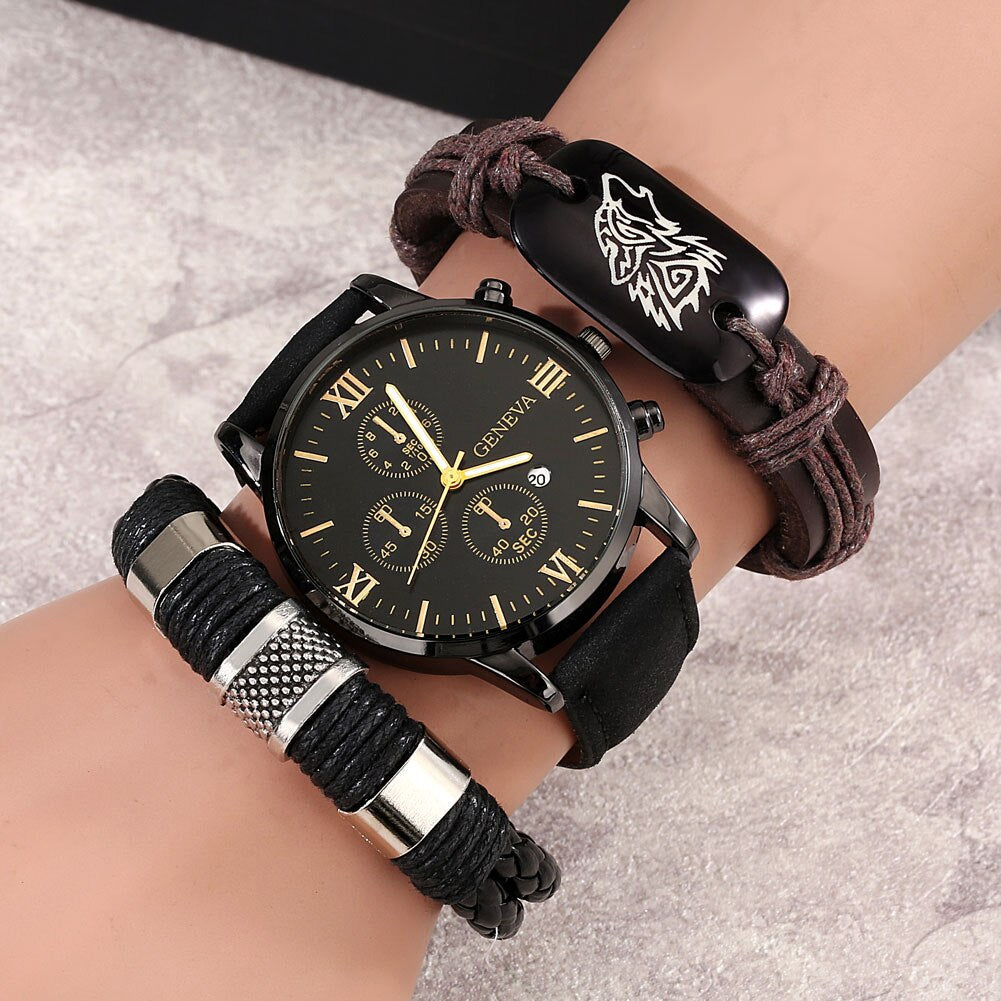 Wrist with multiple black wristbands and a watch on a light gray background