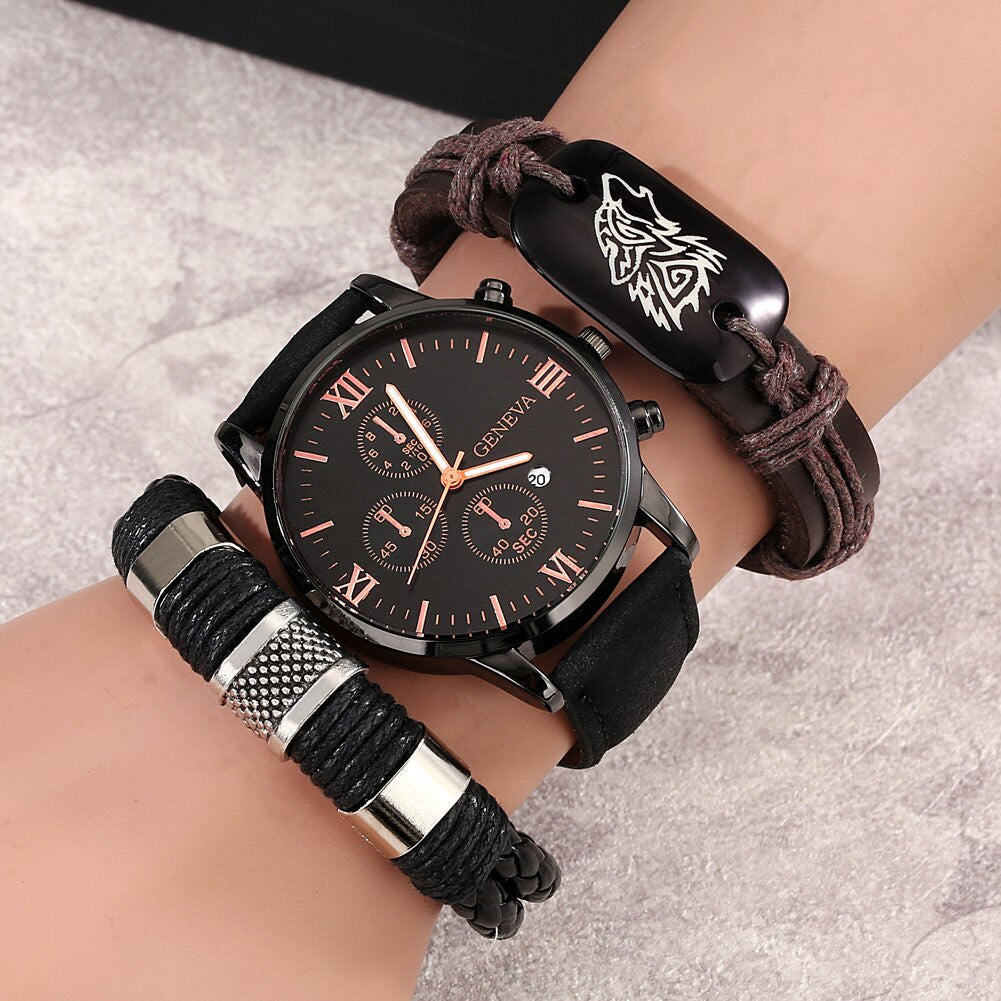 Wrist with multiple black wristbands and a watch on a light gray background