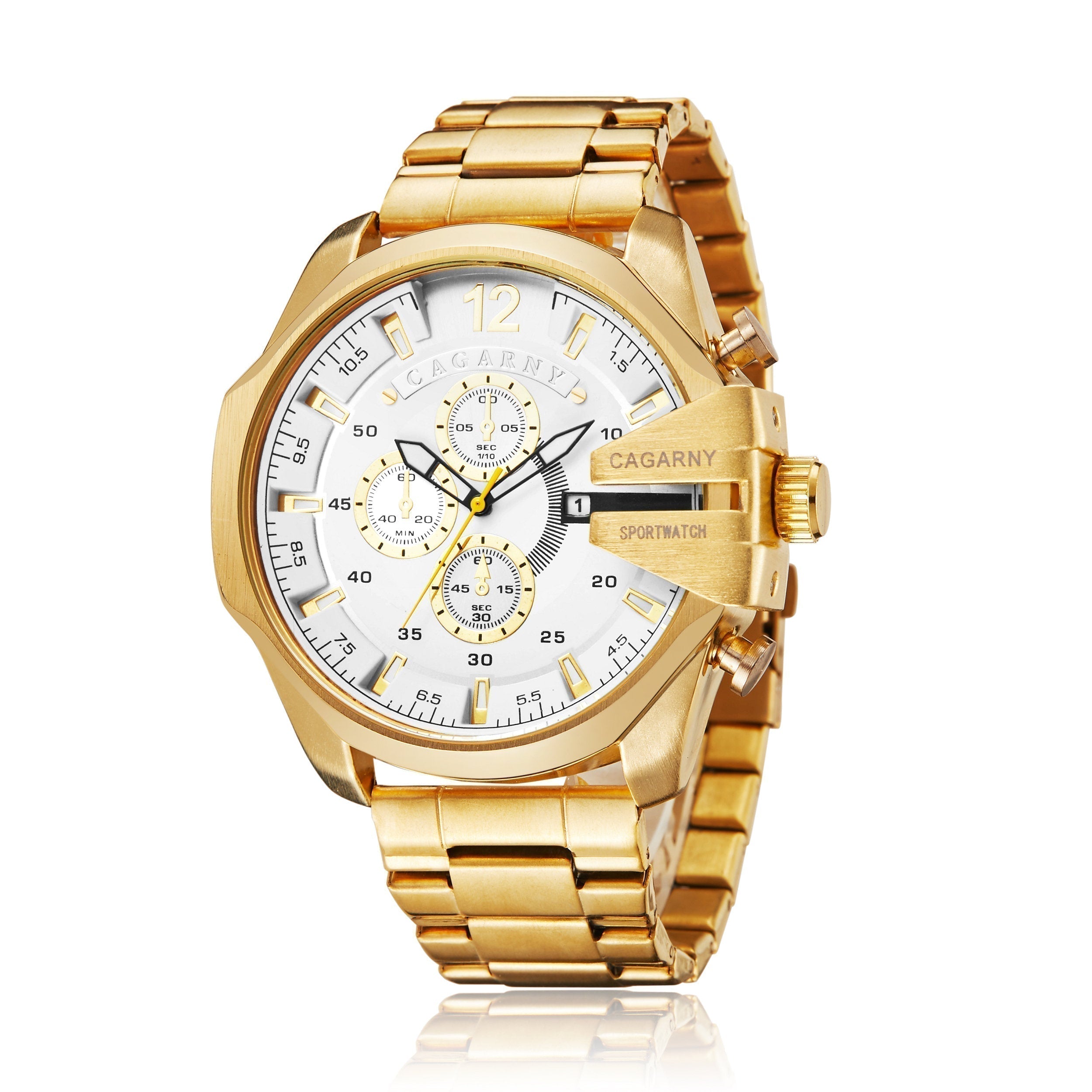 A gold-tone stainless steel watch with a white dial, featuring three sub-dials, a date window, and a gold link bracelet, shown on a white background with a subtle reflection.