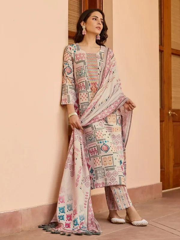 Women Cream Printed Cotton Kurta Pant Dupatta Set