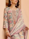 Women Cream Printed Cotton Kurta Pant Dupatta Set