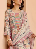 Women Cream Printed Cotton Kurta Pant Dupatta Set