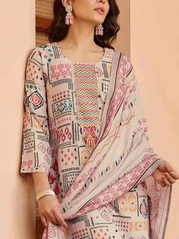 Women Cream Printed Cotton Kurta Pant Dupatta Set