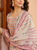 Women Cream Printed Cotton Kurta Pant Dupatta Set
