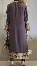 Kashmiri Embroidered Crepe Phiran Co-Ord Set with Lycra Churidar & Potli