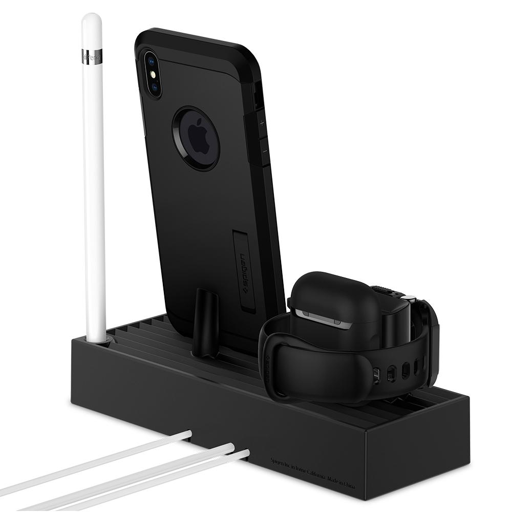 Apple 3-in-1 Stand S318 in black showing the back, side and top with AirPod Pro, Apple Watch, iPhone and Apple Pencil