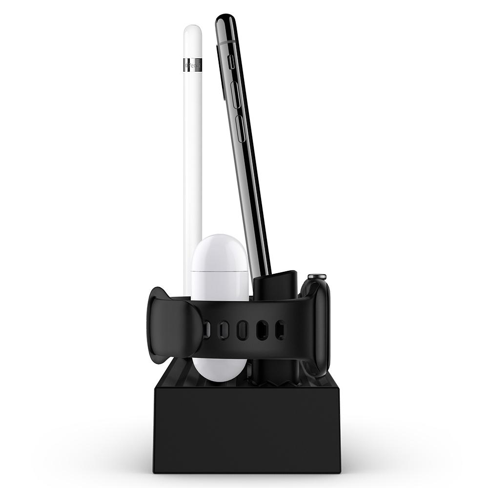 Apple 3-in-1 Stand S318 in black showing the side with Apple pencil, iPhone, AirPod, and Apple Watch 
